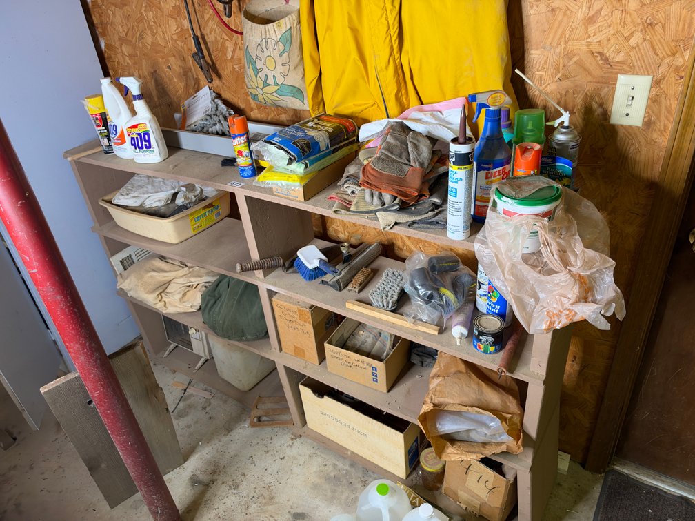 Wooden shelf and contents