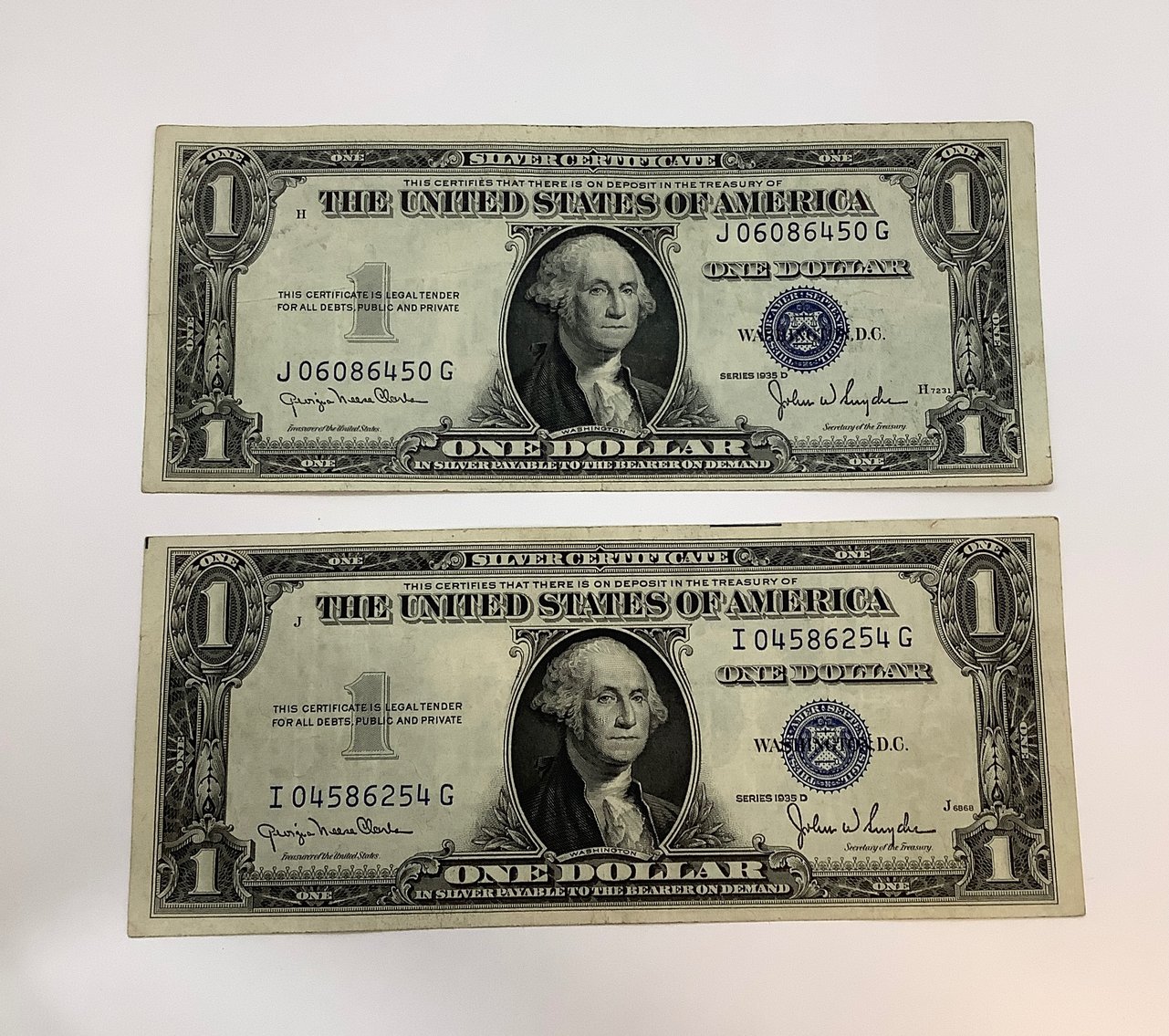 Two 1935 D Blue Seal $1 Silver Certificates