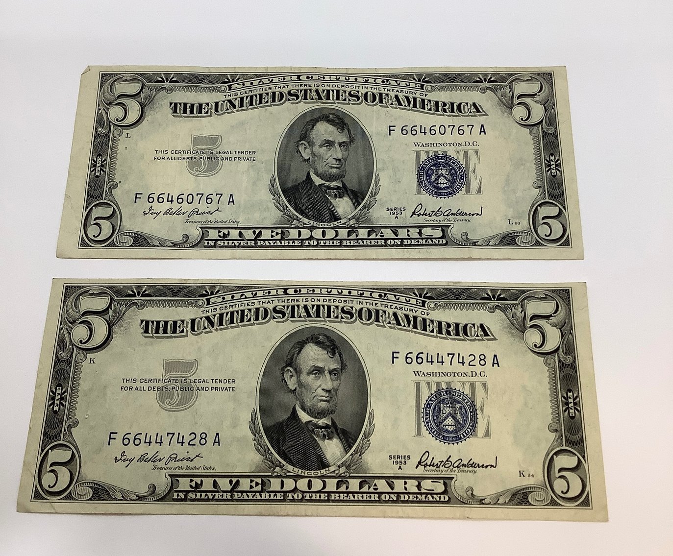 Two 1953 A Blue Seal $5 Silver Certificates