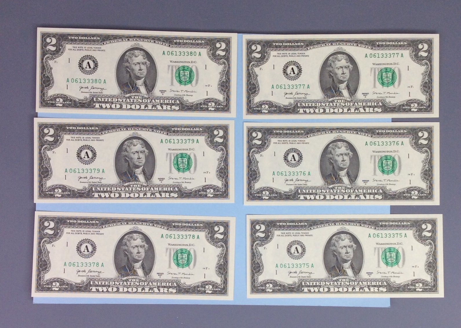Six (6) $2 Bills - Consecutive Serial Numbers