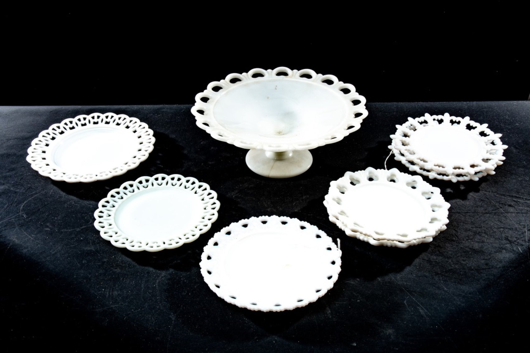 Milk Glass Lattice Border Plates & Large Compote