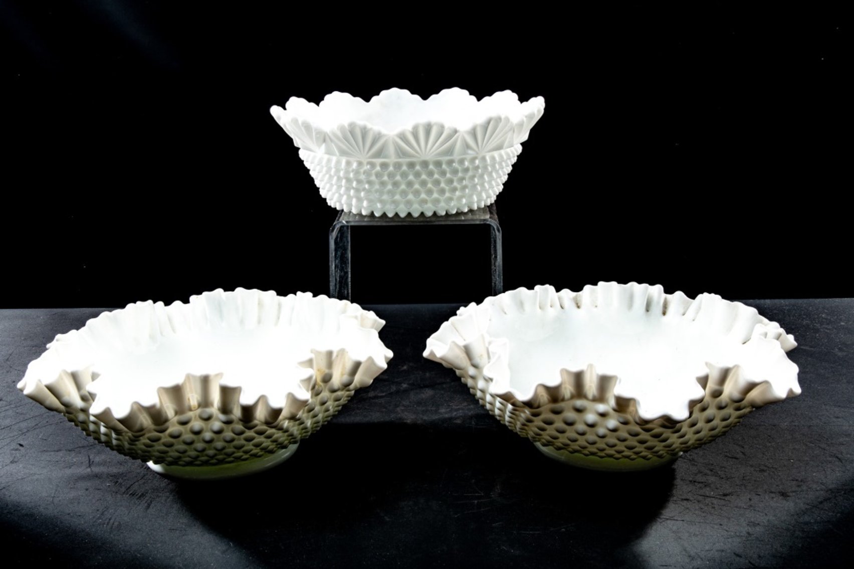 Ruffled Hobnail Milk Glass Fruit Bowls