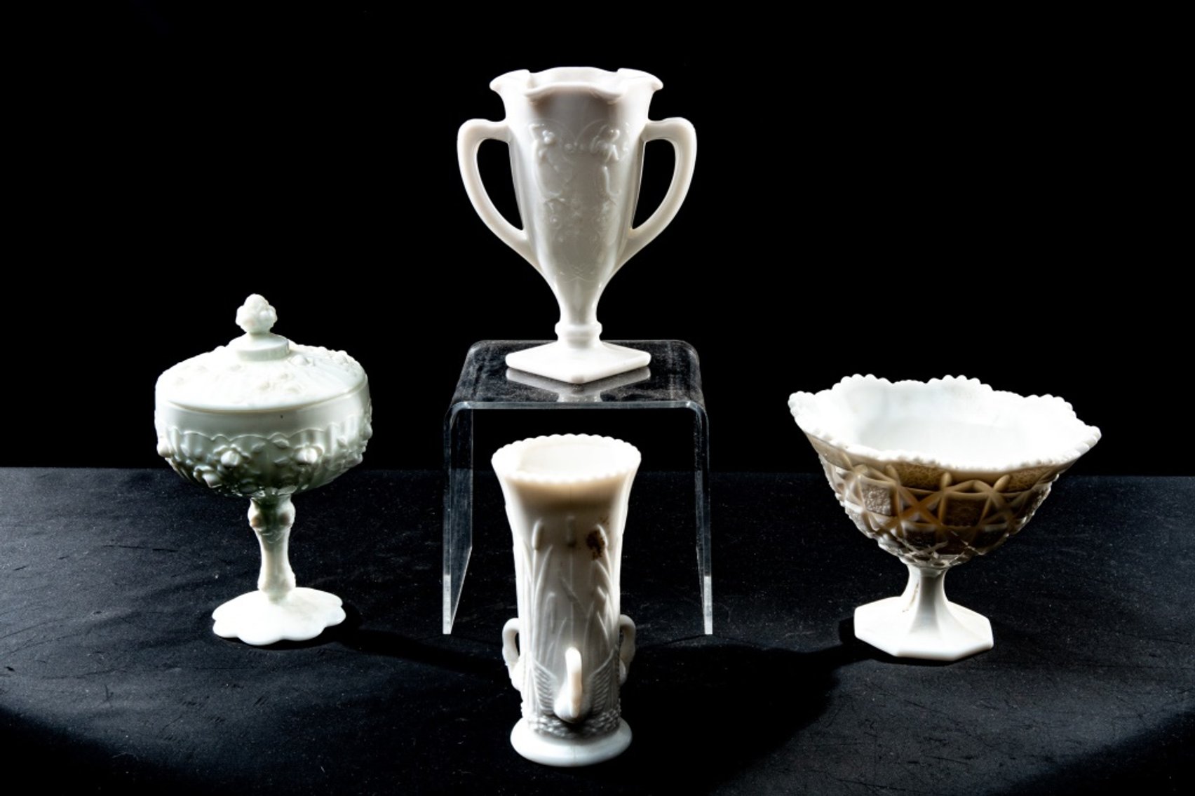 Milk Glass - Swan Vase, Fenton Rose Dish & More