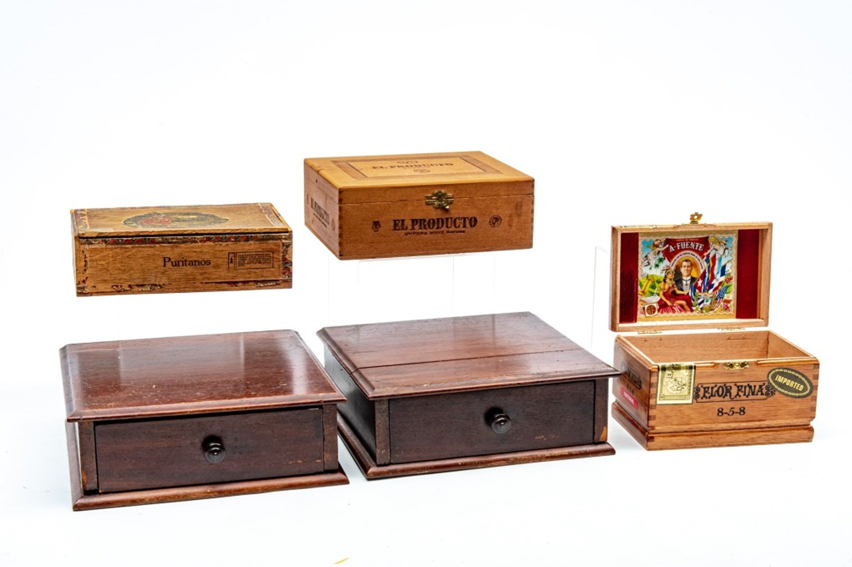 3 Wooden Cigar Boxes & 2 Dresser Glove Boxes