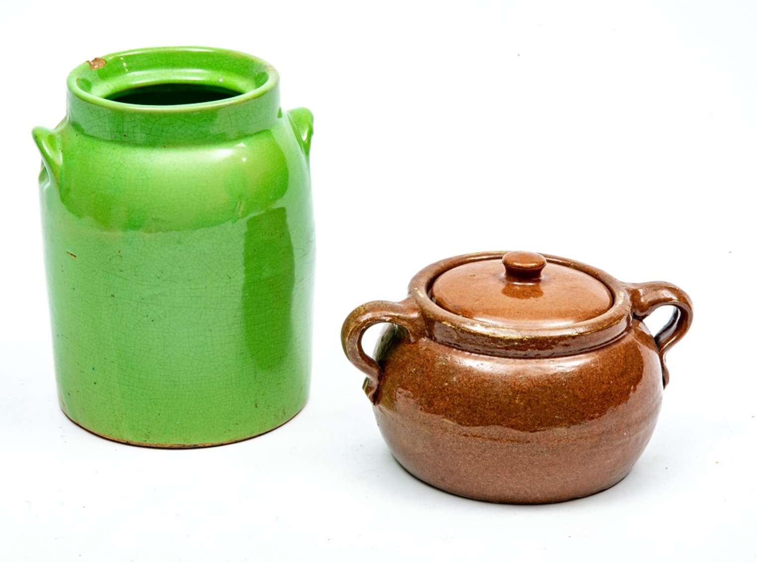 Tall Decorative Green Crock & Brown Crock w/ Lid