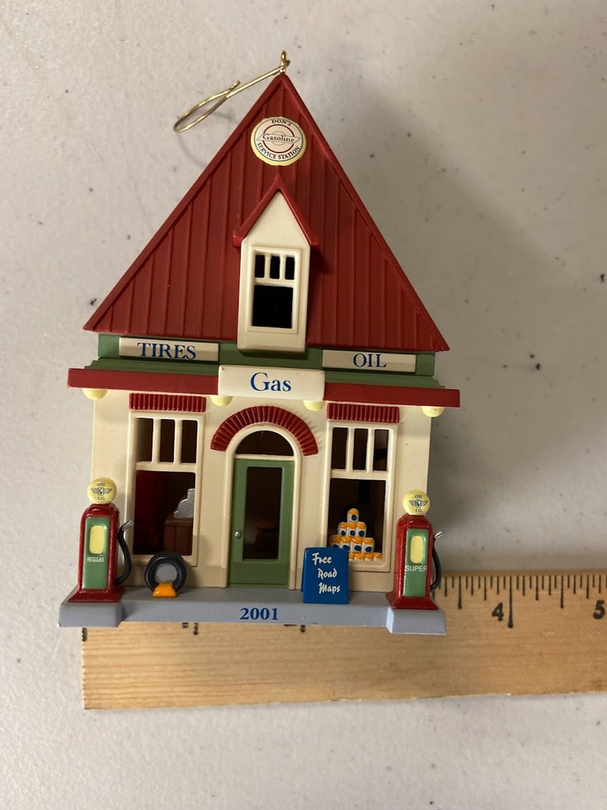 Hallmark 2001 Ornament Service Station 18th in Nostalgic Houses and Shops Series- Gas, Tire, Oil- no box