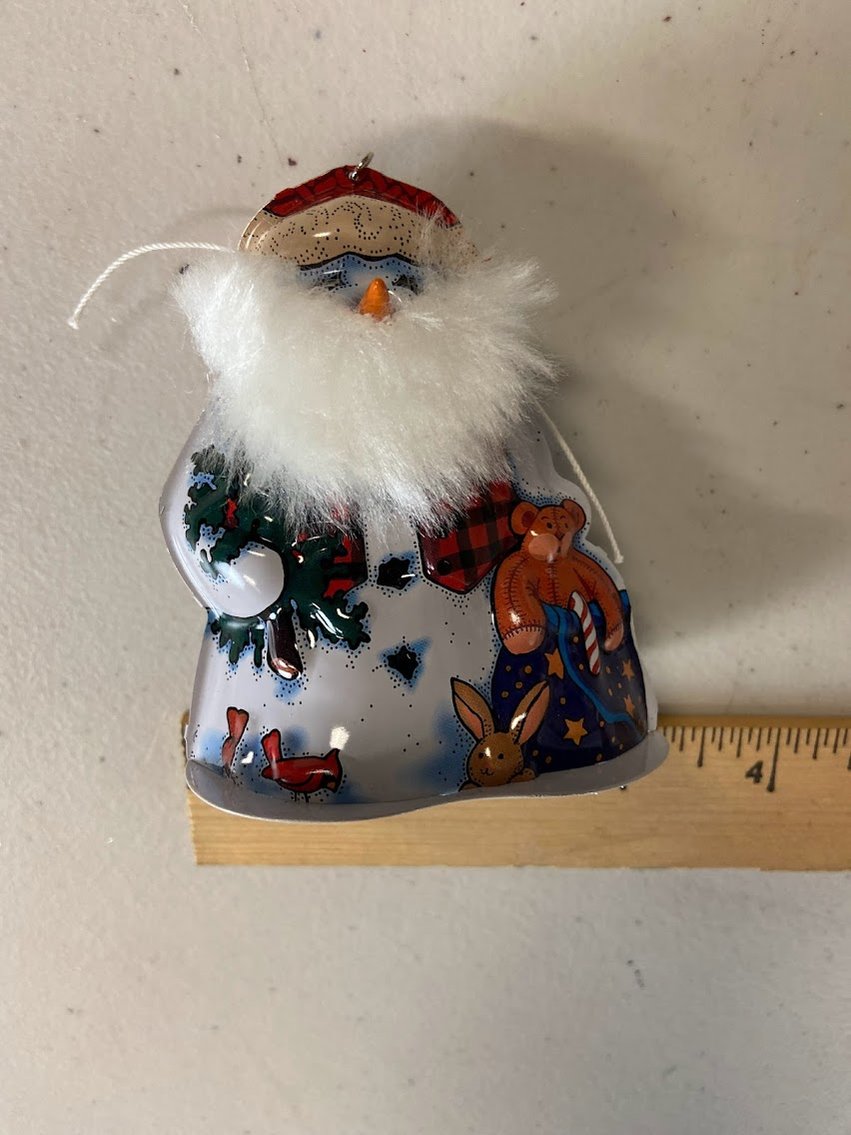 Hallmark 2000 Cool Character Tin Snowman with Real Beard with design on Snowman- Bunny, bird, etc. no box