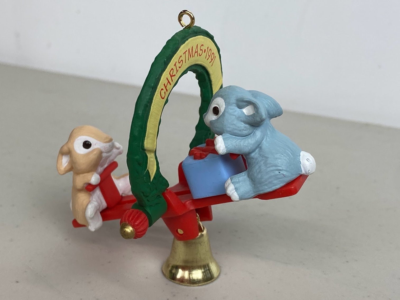 Hallmark Christmas 1991 Friends are fun bunnies on a teeter tooter - Item NO. QX5289- no box