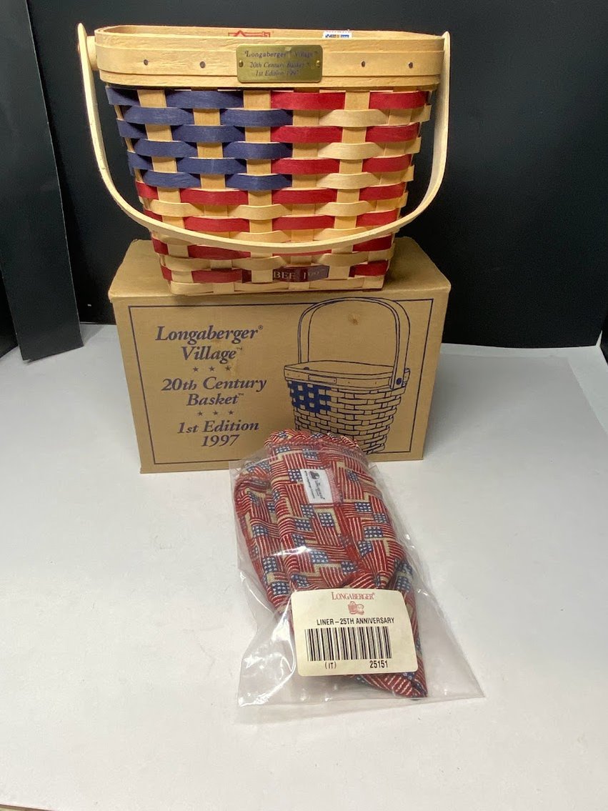 20th Century Basket Natural & 1997 Bee Basket with stamps all over it