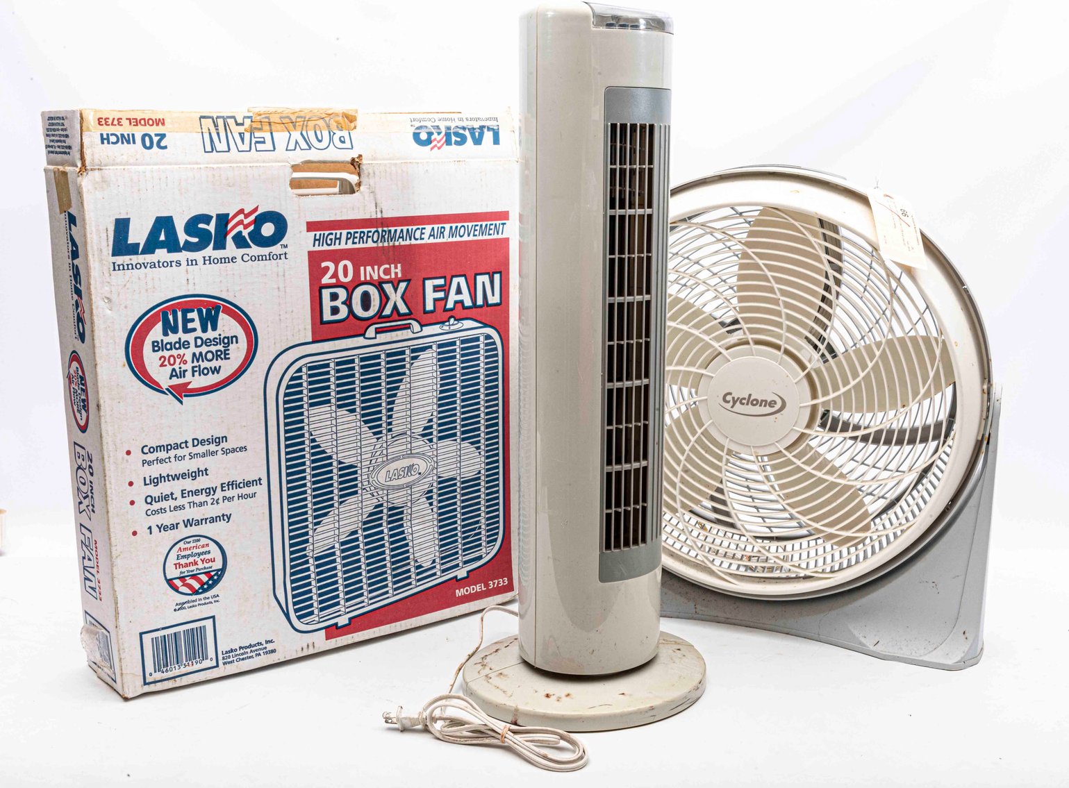 Like New Lasko 20" Box Fan in OB and used 20" Fan