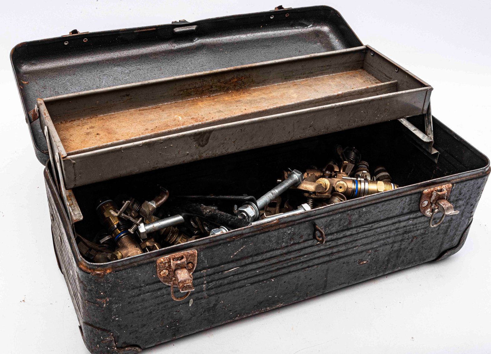 Vintage Metal Toolbox w/ 18 Brass Sprinker Heads