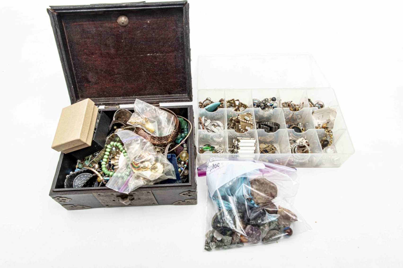 Antique Wood & Brass Box with Costume Jewelry- Sterling, Semi-precious and More