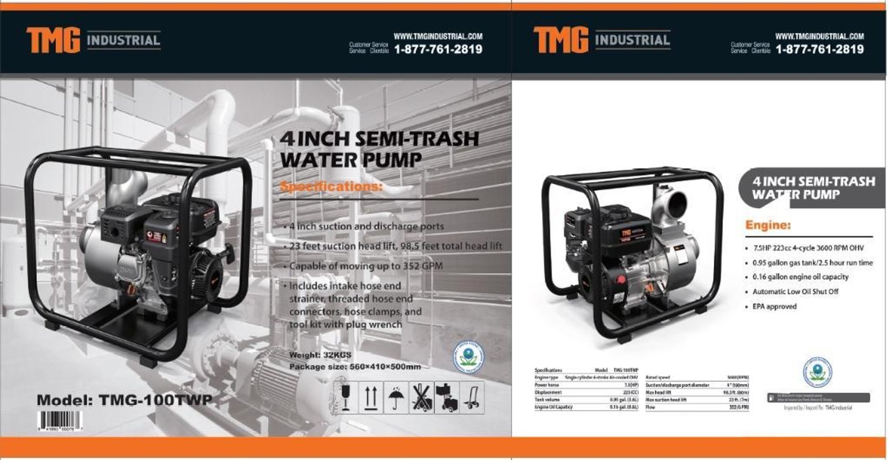 4" Semi-Trash Water Pump with 7.5 HP Gas Engine,  Model# TMG-100TWP