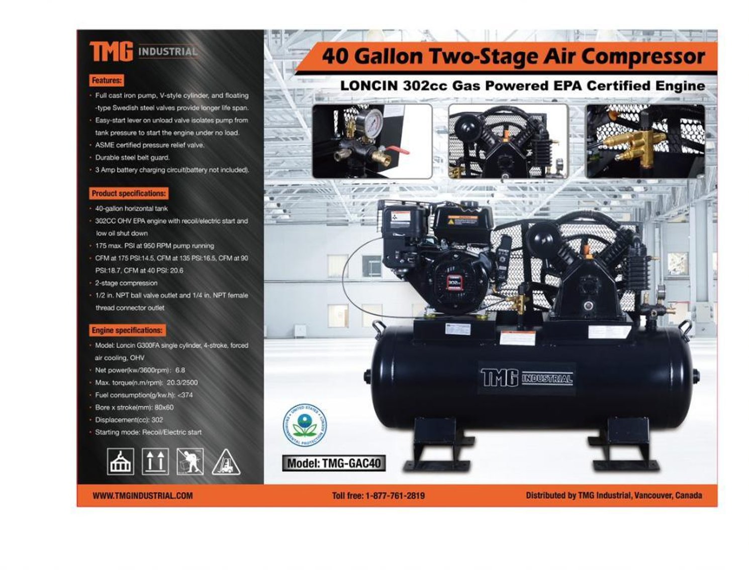 TMG 40 Gallon Two-Stage Air Compressor, Model# TMG-GAC40