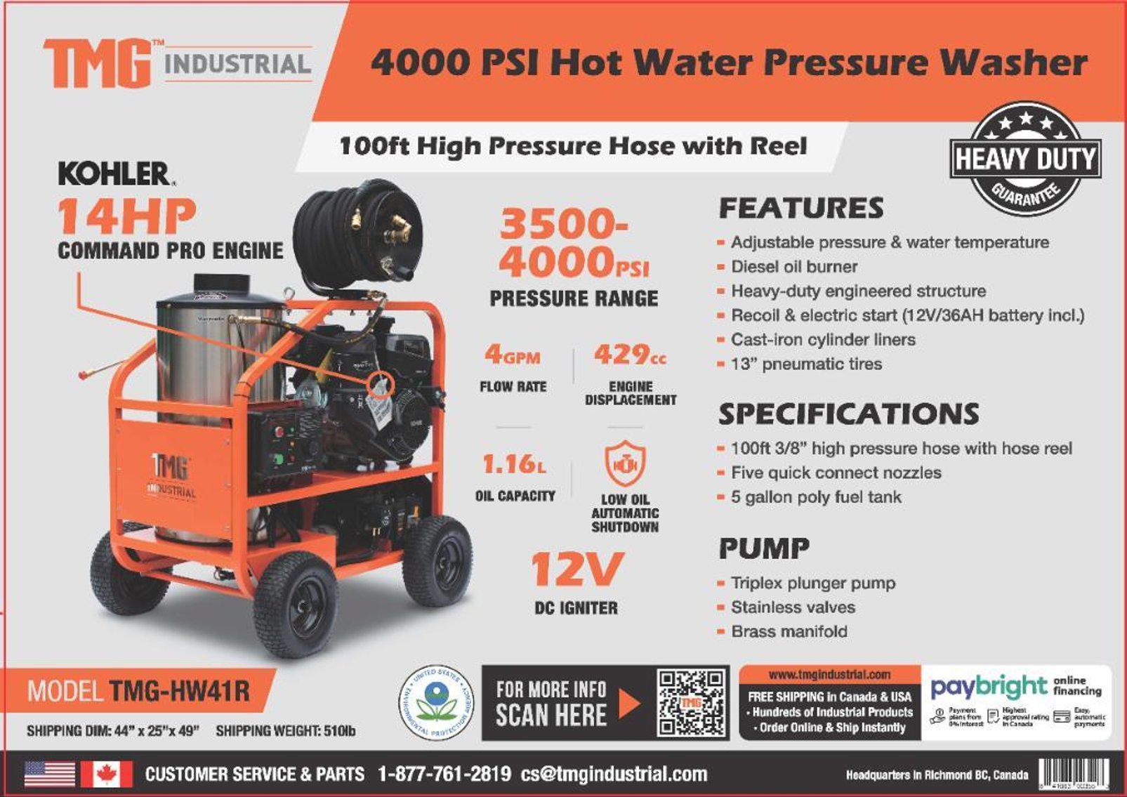 TMG 4000 PSI Hot Water Pressure Washer with 100-ft Hose Reel, Model# TMG-HW41R