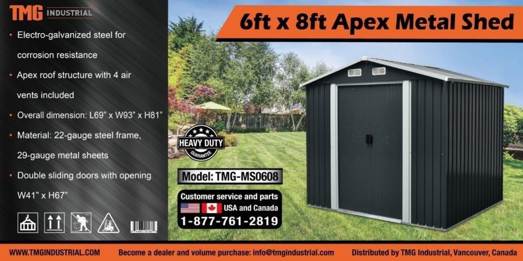 TMG 6' x 8' Metal Shed Apex, Model# TMG-MS0608  