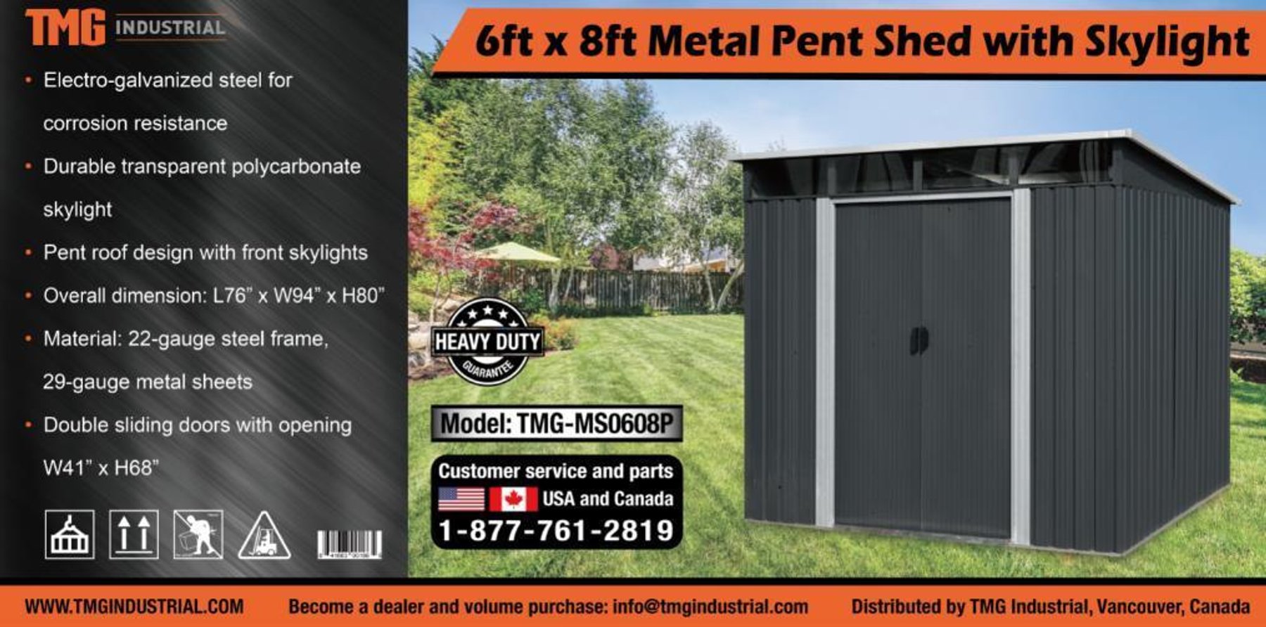 TMG 6' x 8' Metal Pent Shed with Skylight, ​​​​​​​Model# TMG-MS0608P