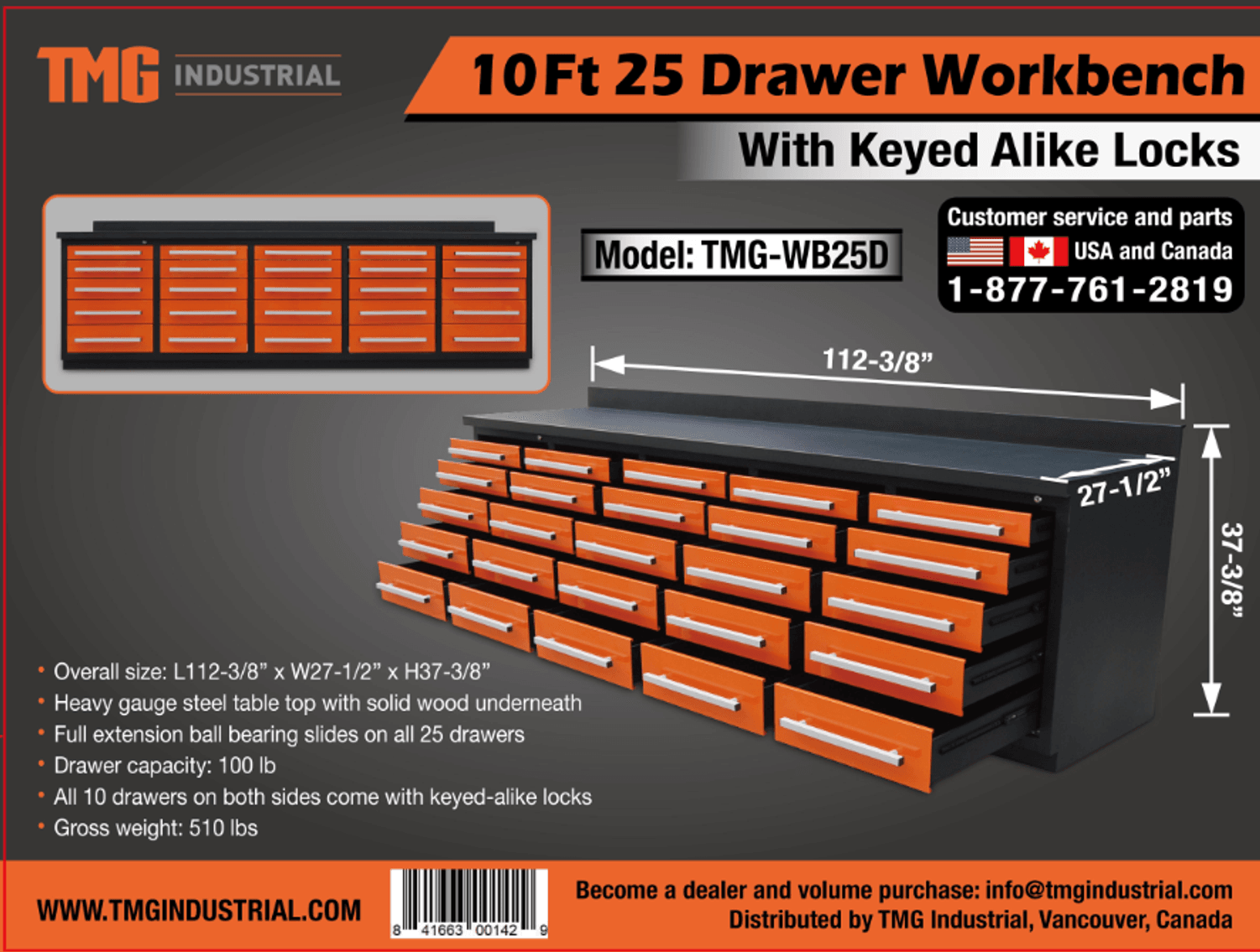 TMG Industrial 25 Drawer Work Bench With Keyed Alike Locks, Model# TMG-WB25D