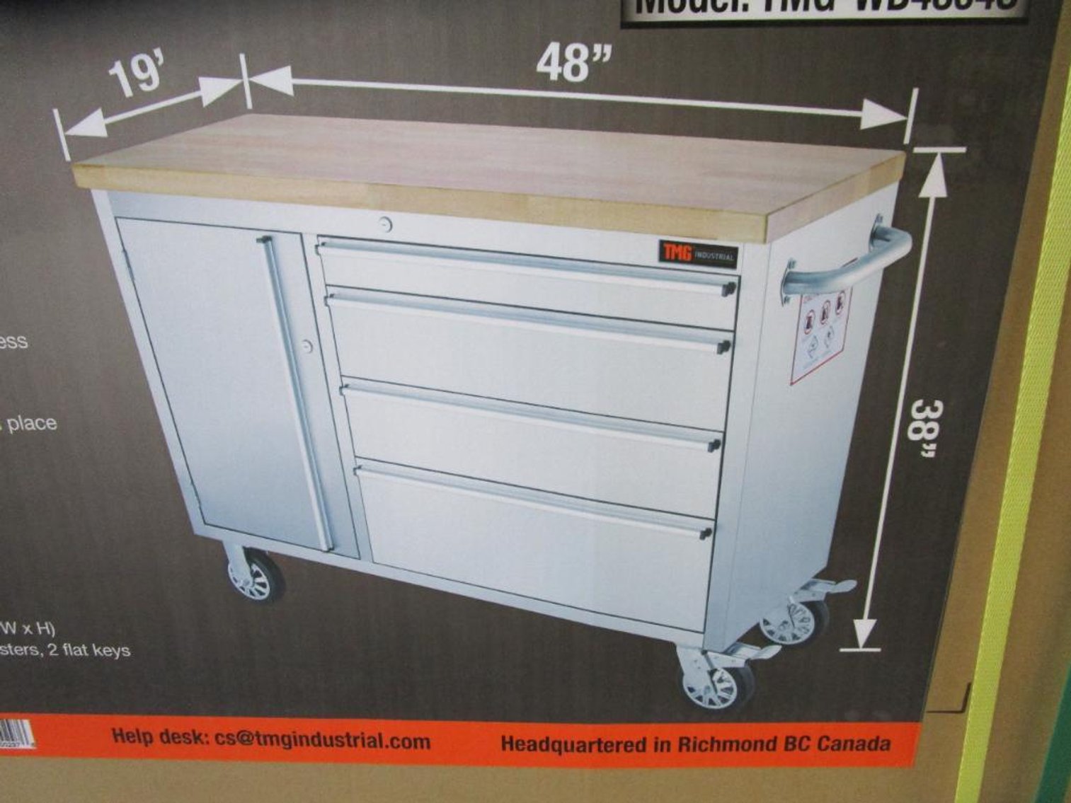 TMG 48" 4-drawer rolling Workbench with Rubberwood Tabletop, Model# TMG-WB4804Sw