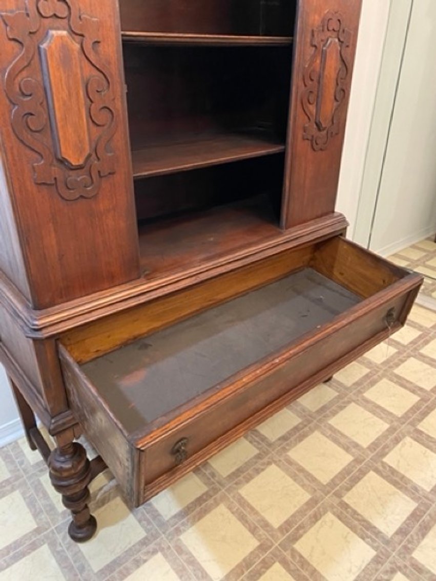 3: Antique Solid Mahogany China Closet with Stretcher Base