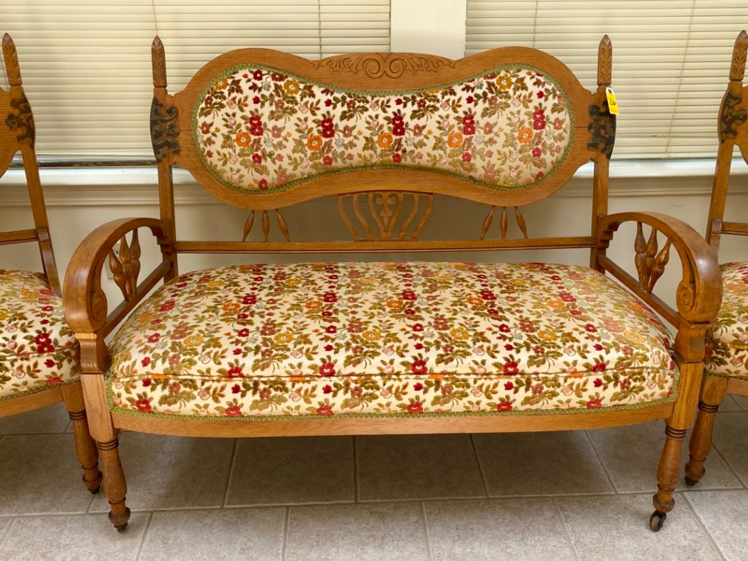 2: Antique Golden Oak Settee & Chairs