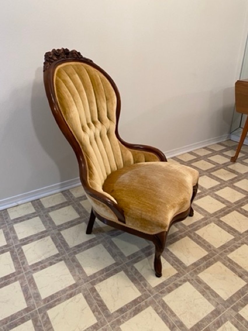 1: Antique Rosewood Parlor Chair with Gold Velvet Upholstery