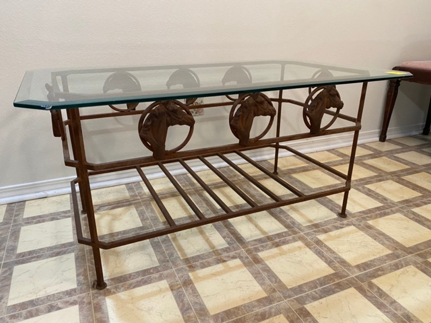 1: Cast Iron Glass Top Horse Motif Coffee Table