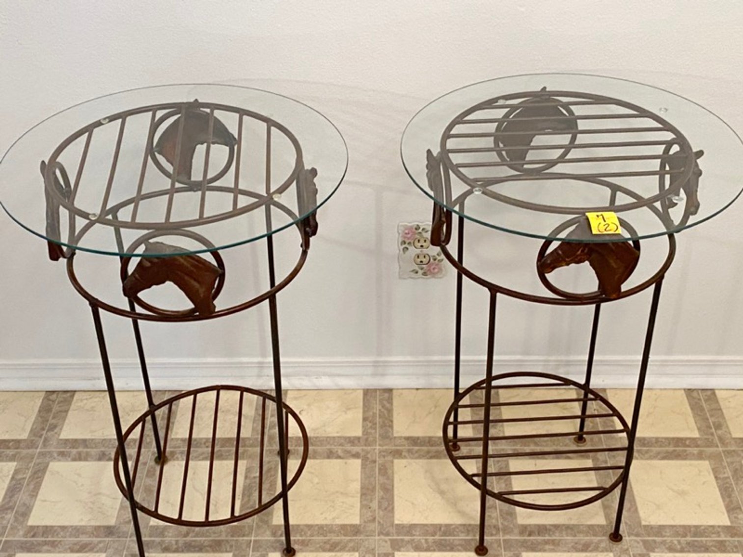 1: Pr. Cast Iron Glass Top Round Horse Motif Side Table