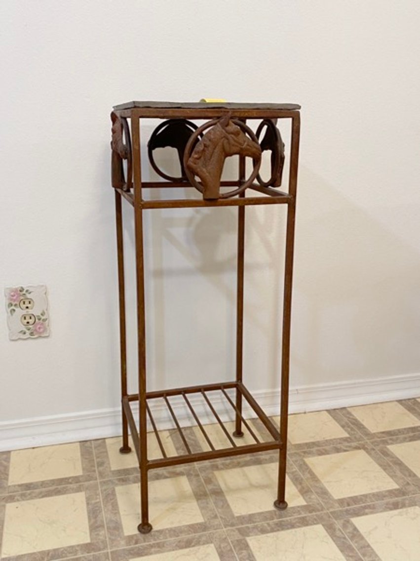 1: Cast Iron Horse Motif Plant Stand, Slate Top