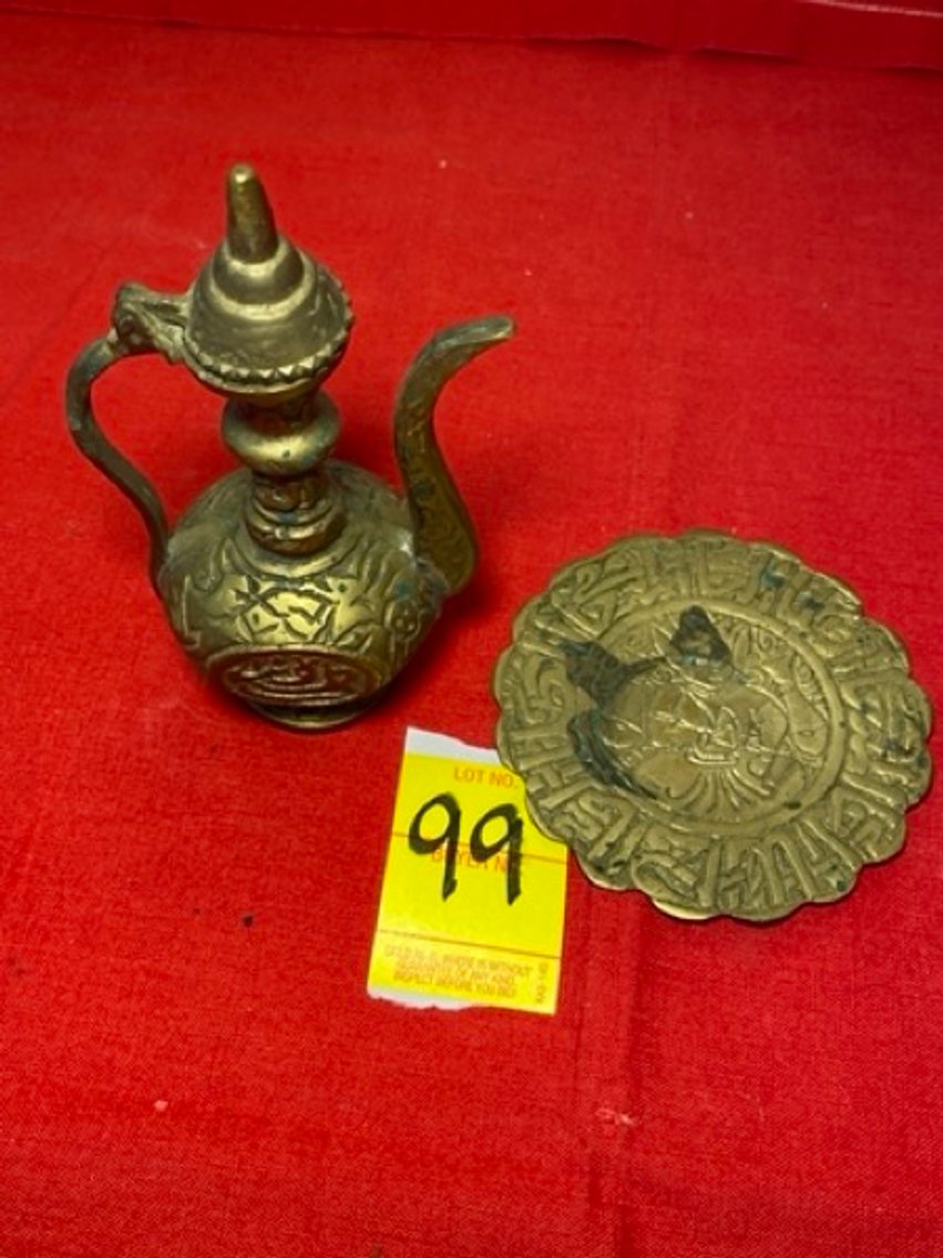 3: Vintage Brass Miniature Oil Jar with Under Plate
