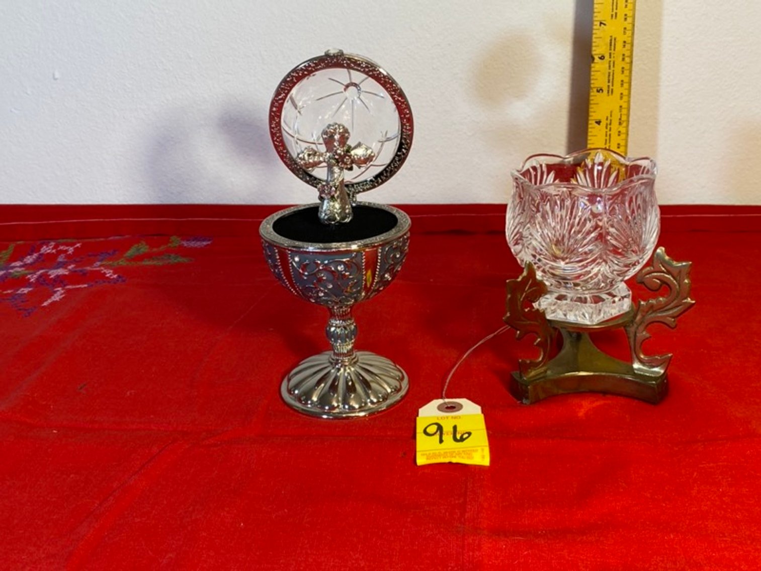 3: Egg Music Box with Cross, Glass Votive on Brass Stand