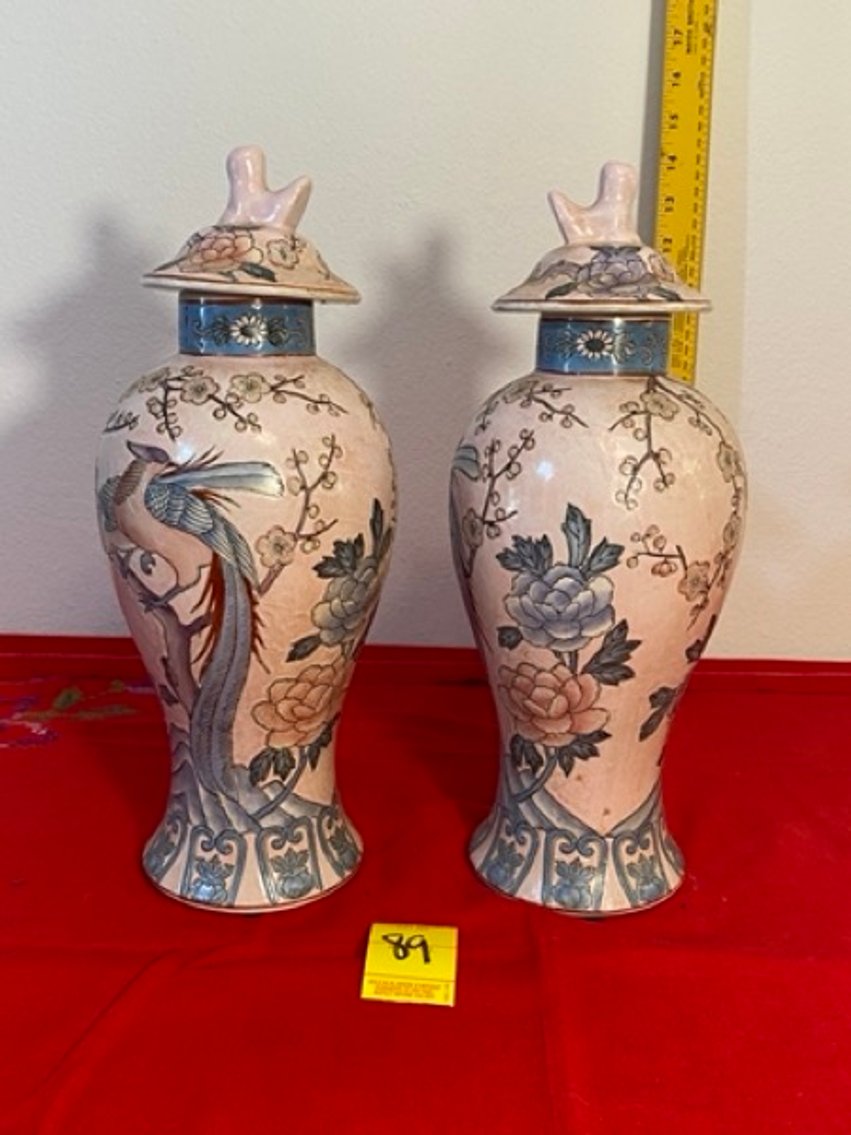 2: Pr. Slender Lidded Ginger Jars Dynasty by Heygill Hand Painted in China