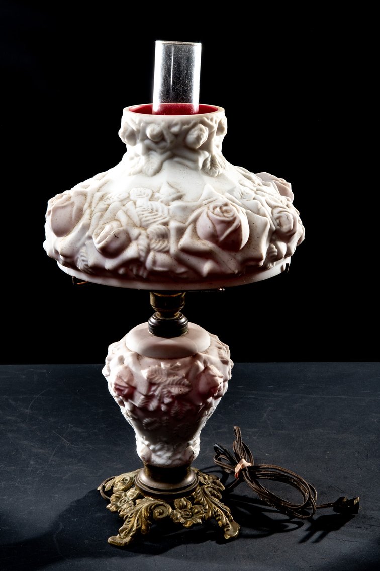 Fenton Embossed Glass Lamp with Roses & Cranberry