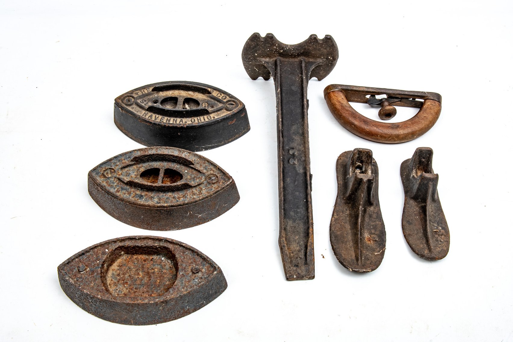 Early Cobbler Shoe Stand & Sad Irons