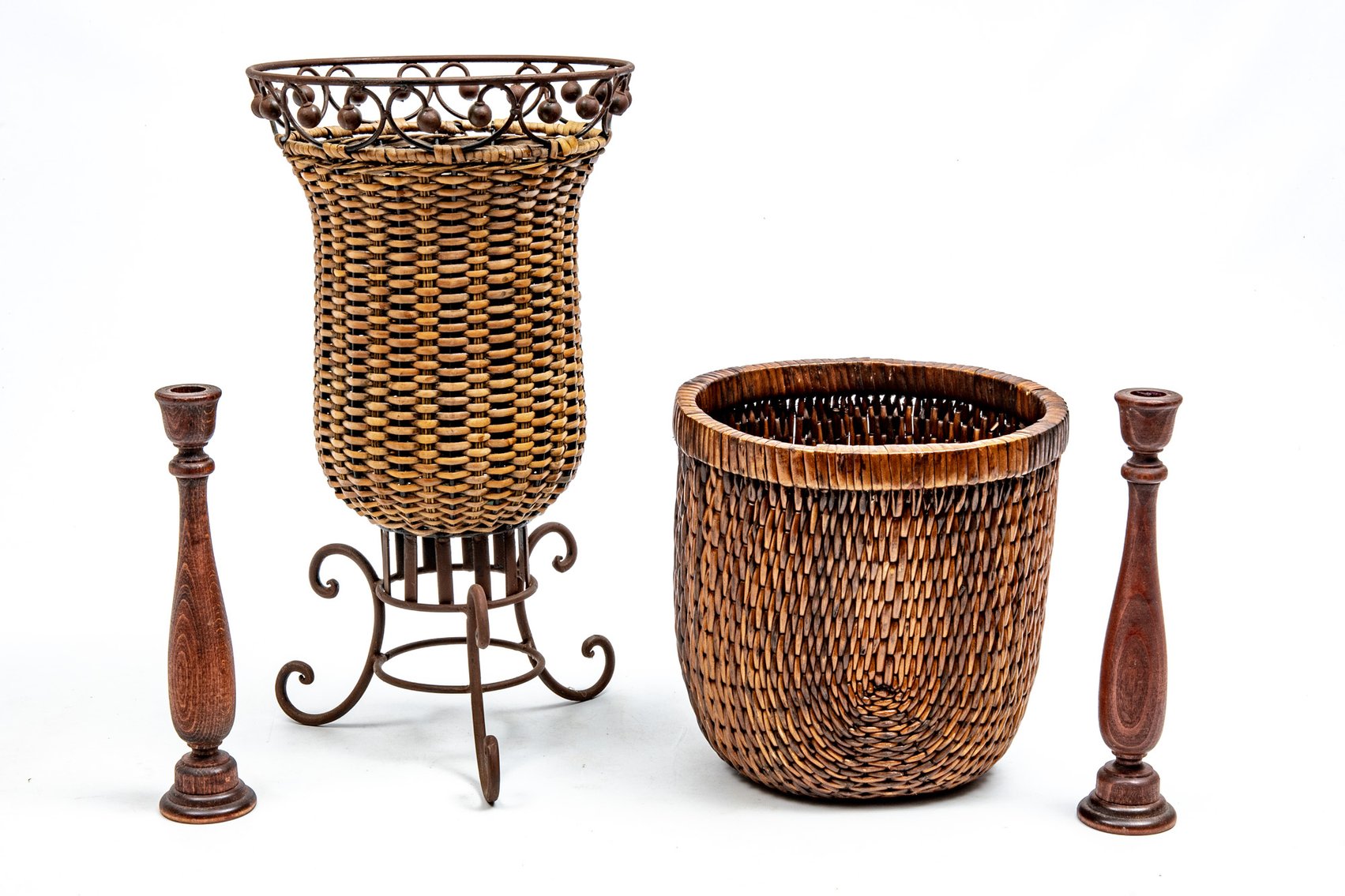 Woven Wicker Planters & Wooden Candlestick Holders