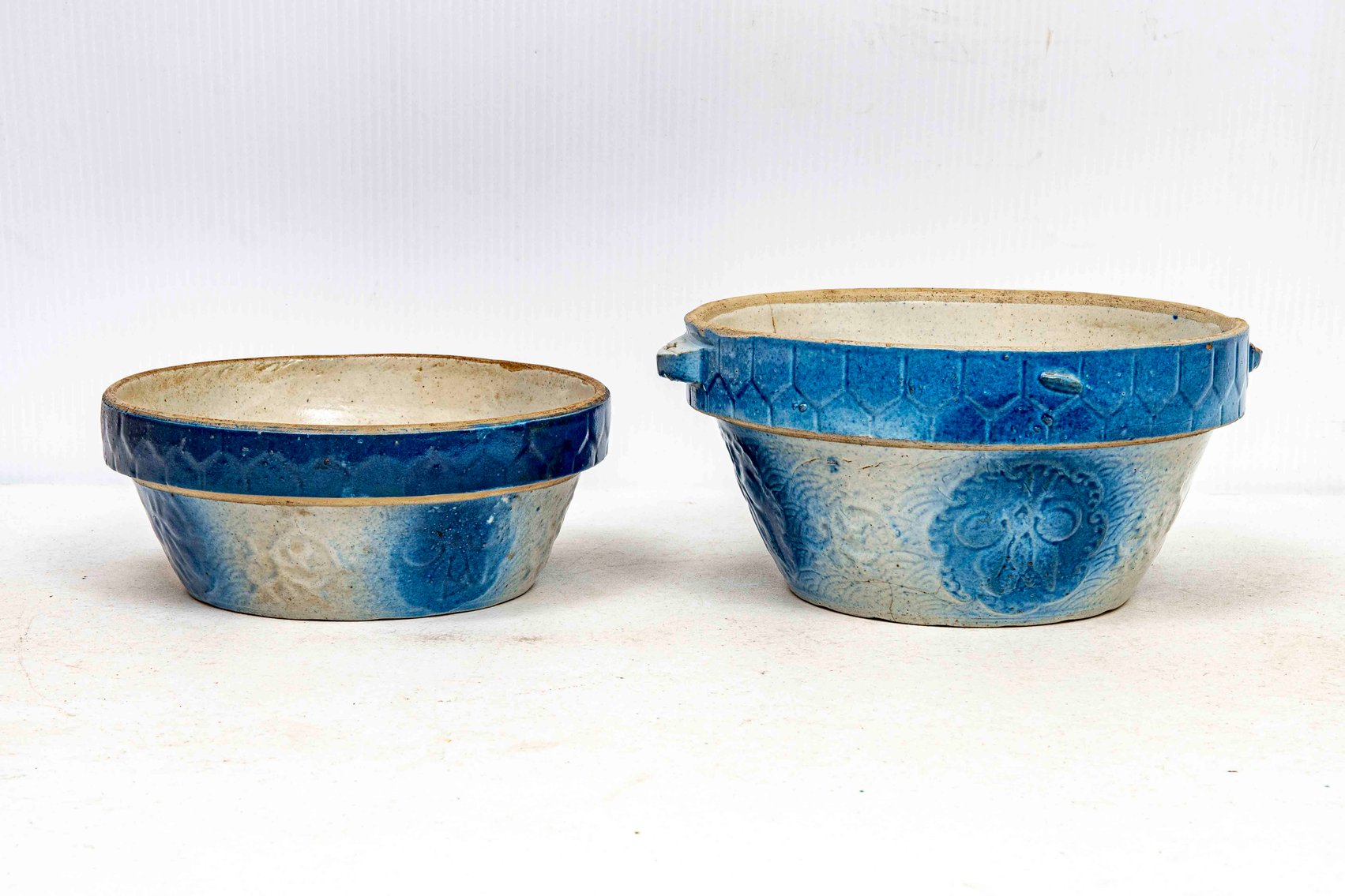 2 Antique Blue & White Salt Glaze Mixing Bowls