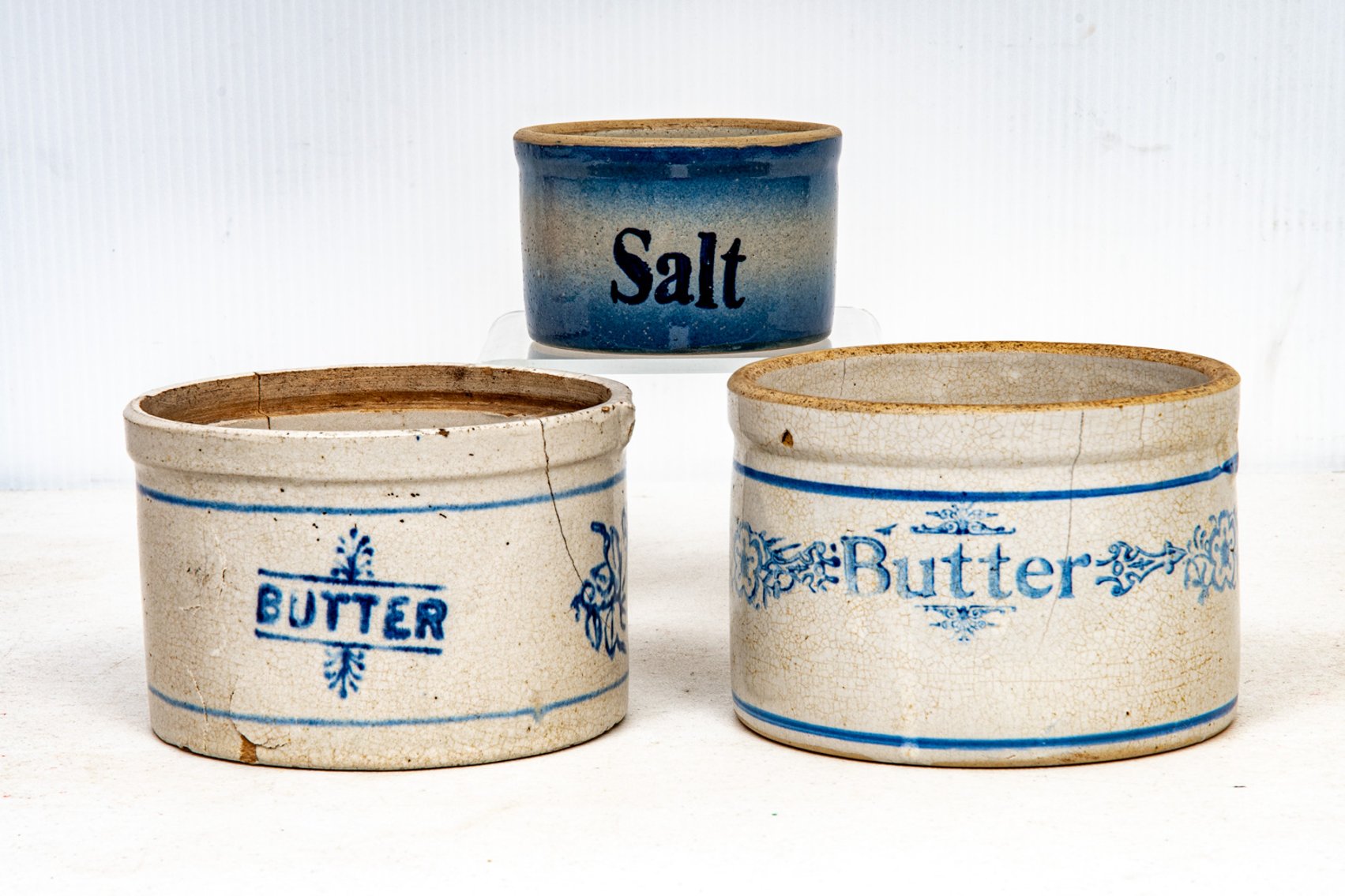3 Blue & White Salt Glaze Crocks