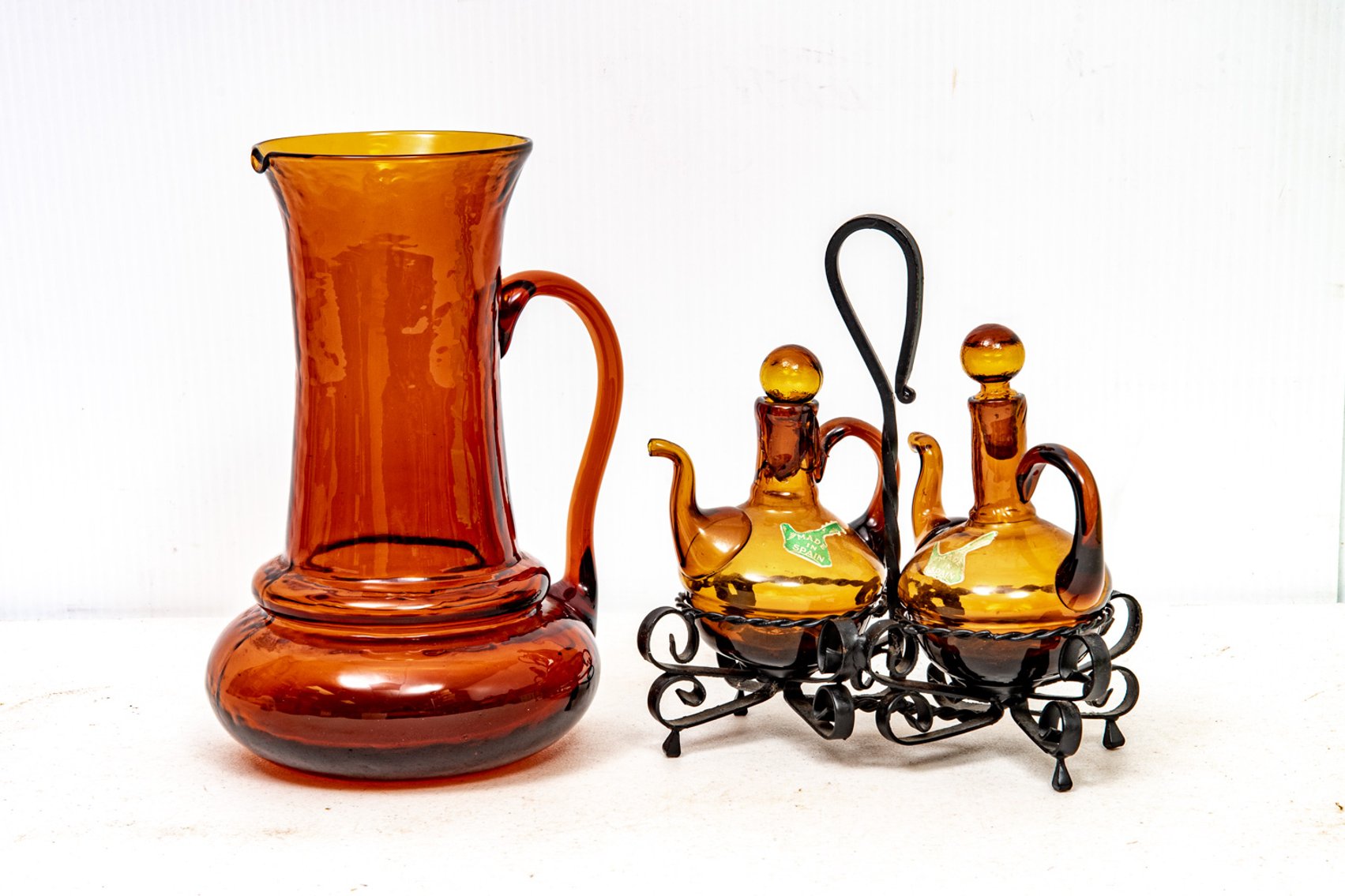 Amber Art Glass Pitcher and Cruet Set