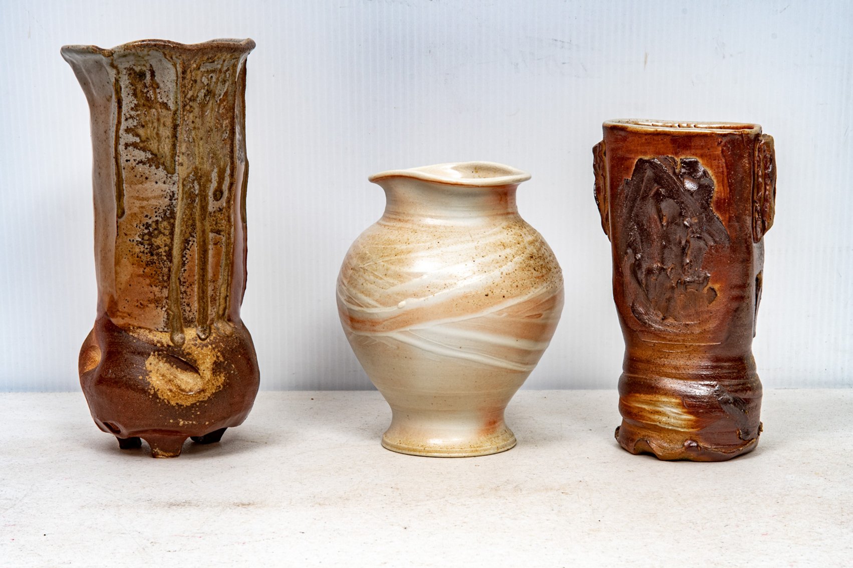 3 Signed Earthtone Handmade Pottery Vases