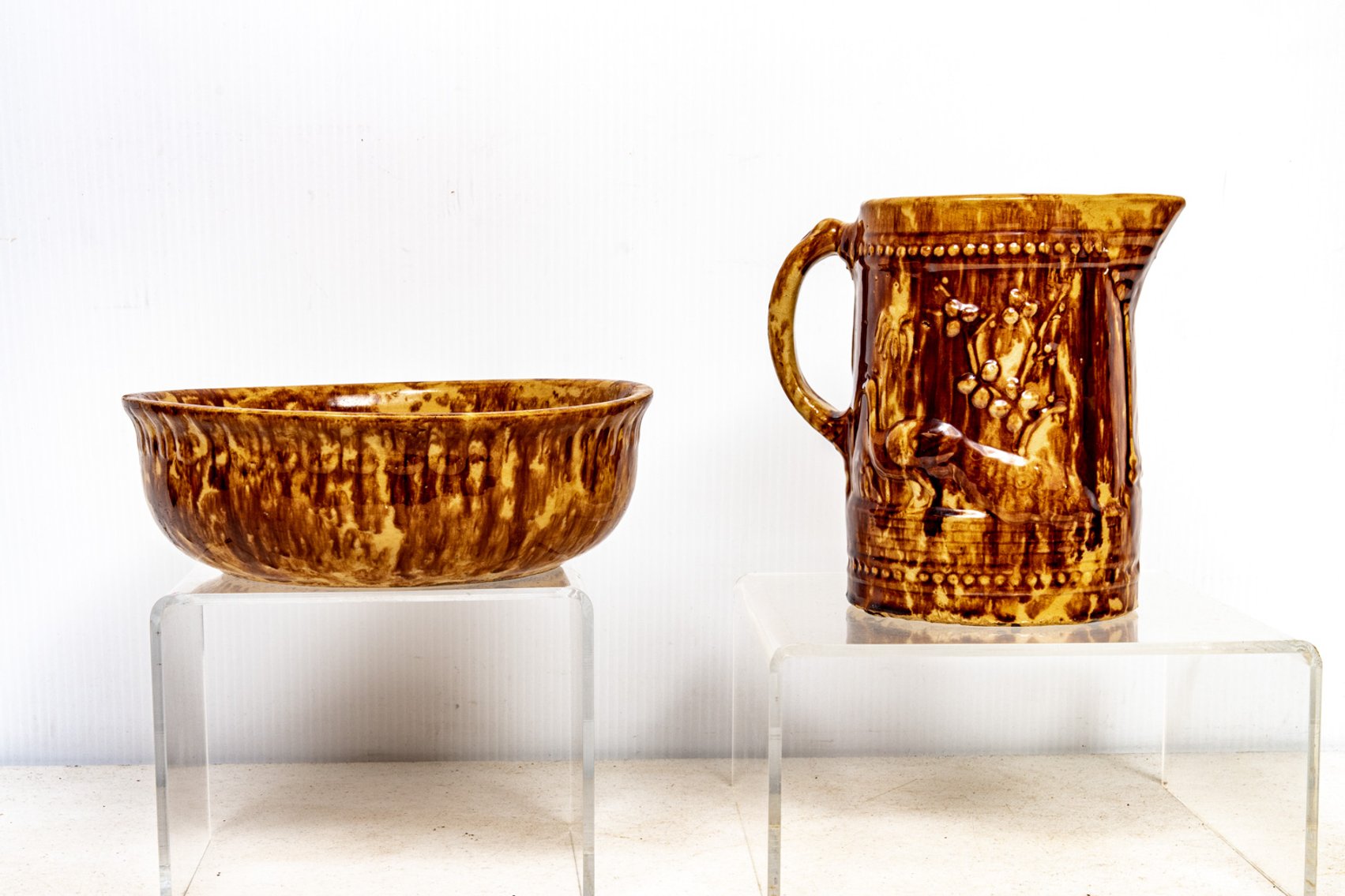 Brown Spongeware Bowl & Peacock Pitcher