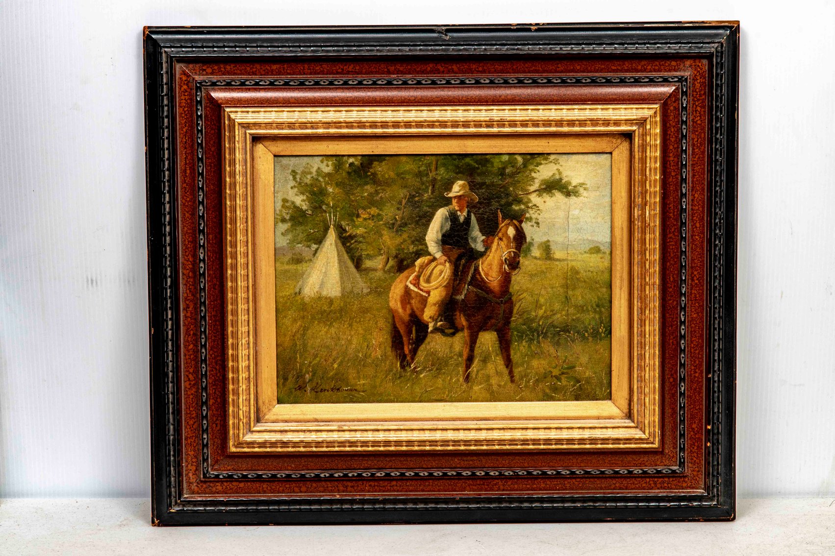 Cowboy on Horse Signed, Framed Oil Painting