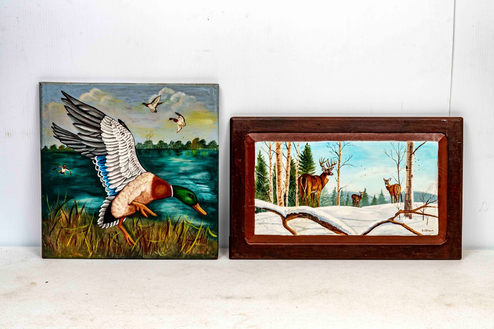 2 Signed Paintings on Board - Deer & Ducks