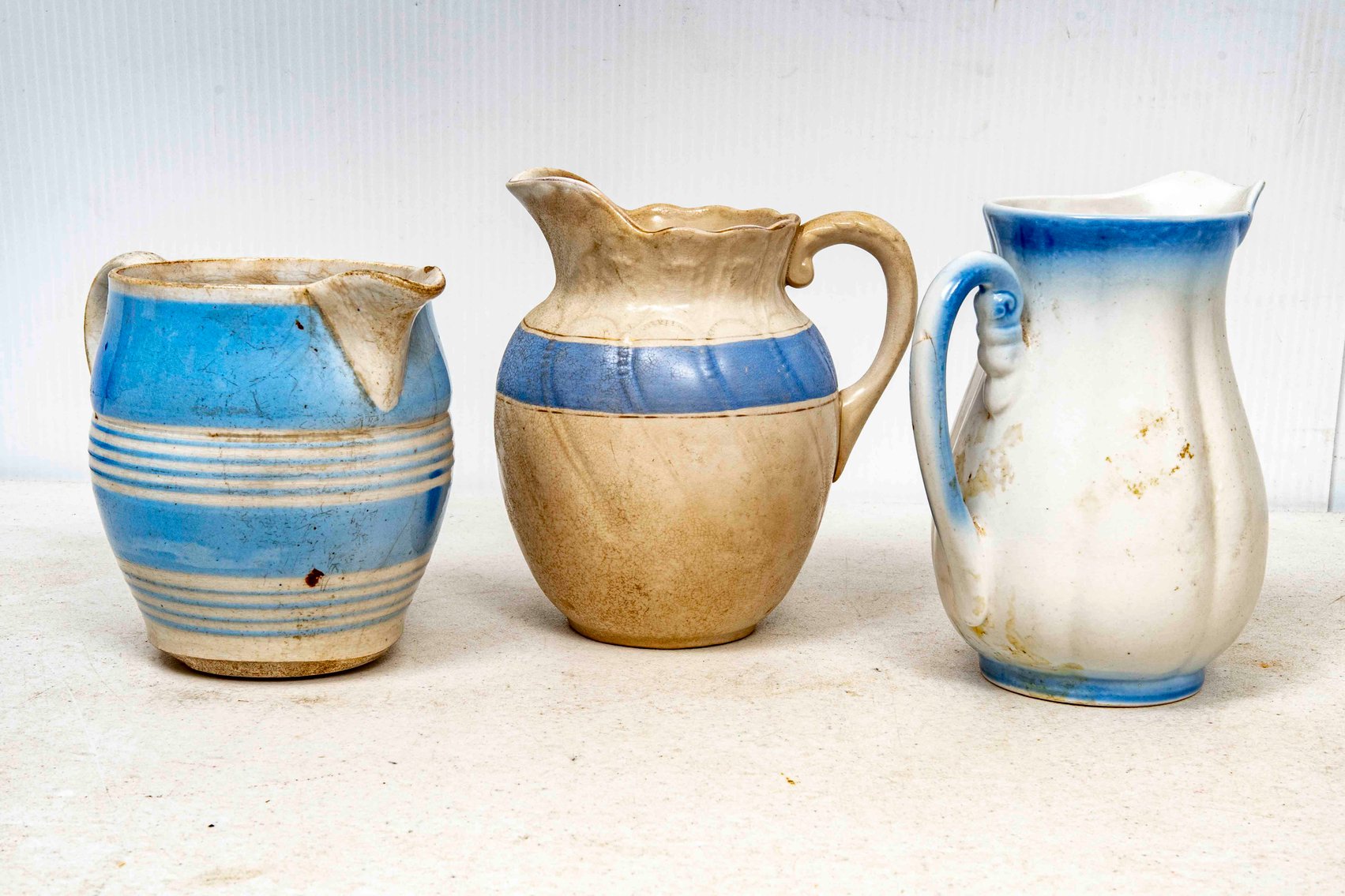 3 Vintage Blue and White Pitchers