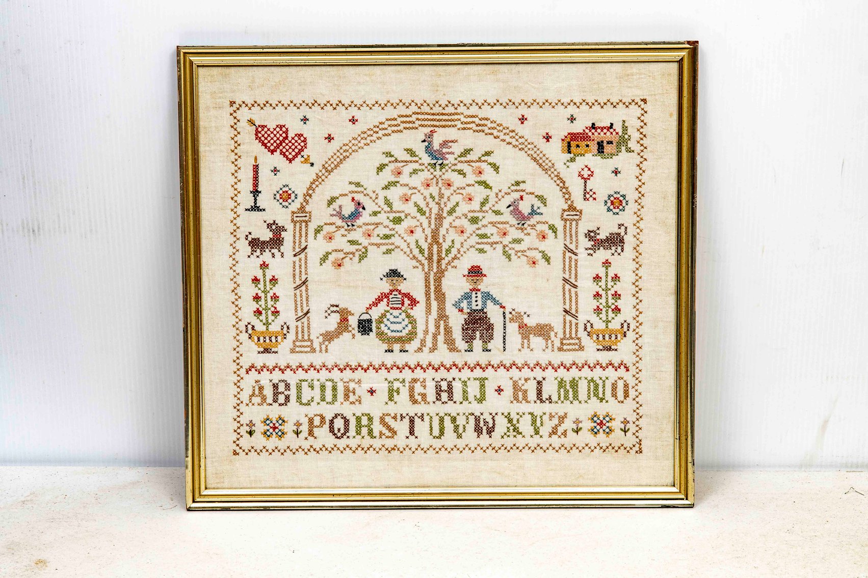 Vintage Needlework Sampler on Linen