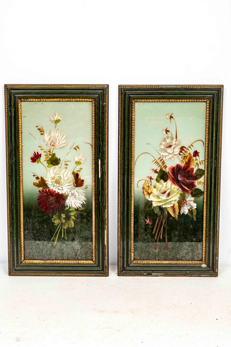 Pair of Vintage Floral Paintings on Glass