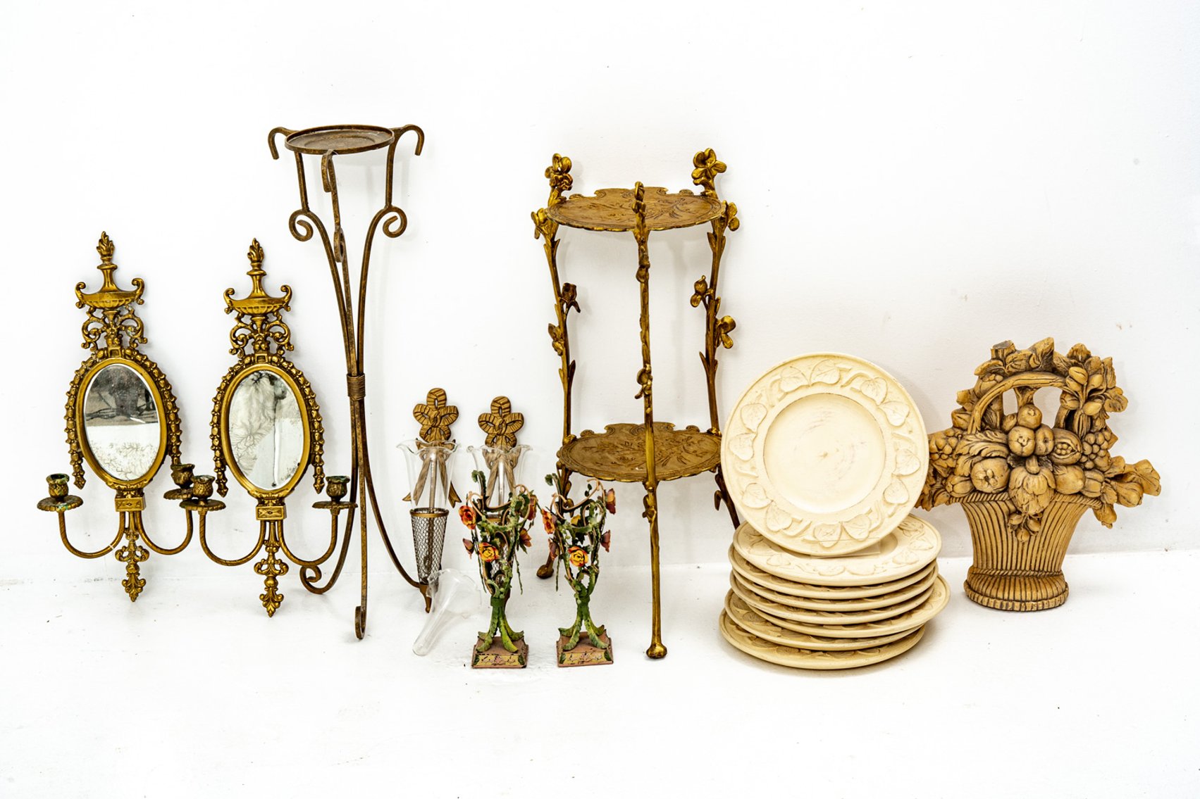 Decor Lot - Floral Patterned & Brass Toned Pieces