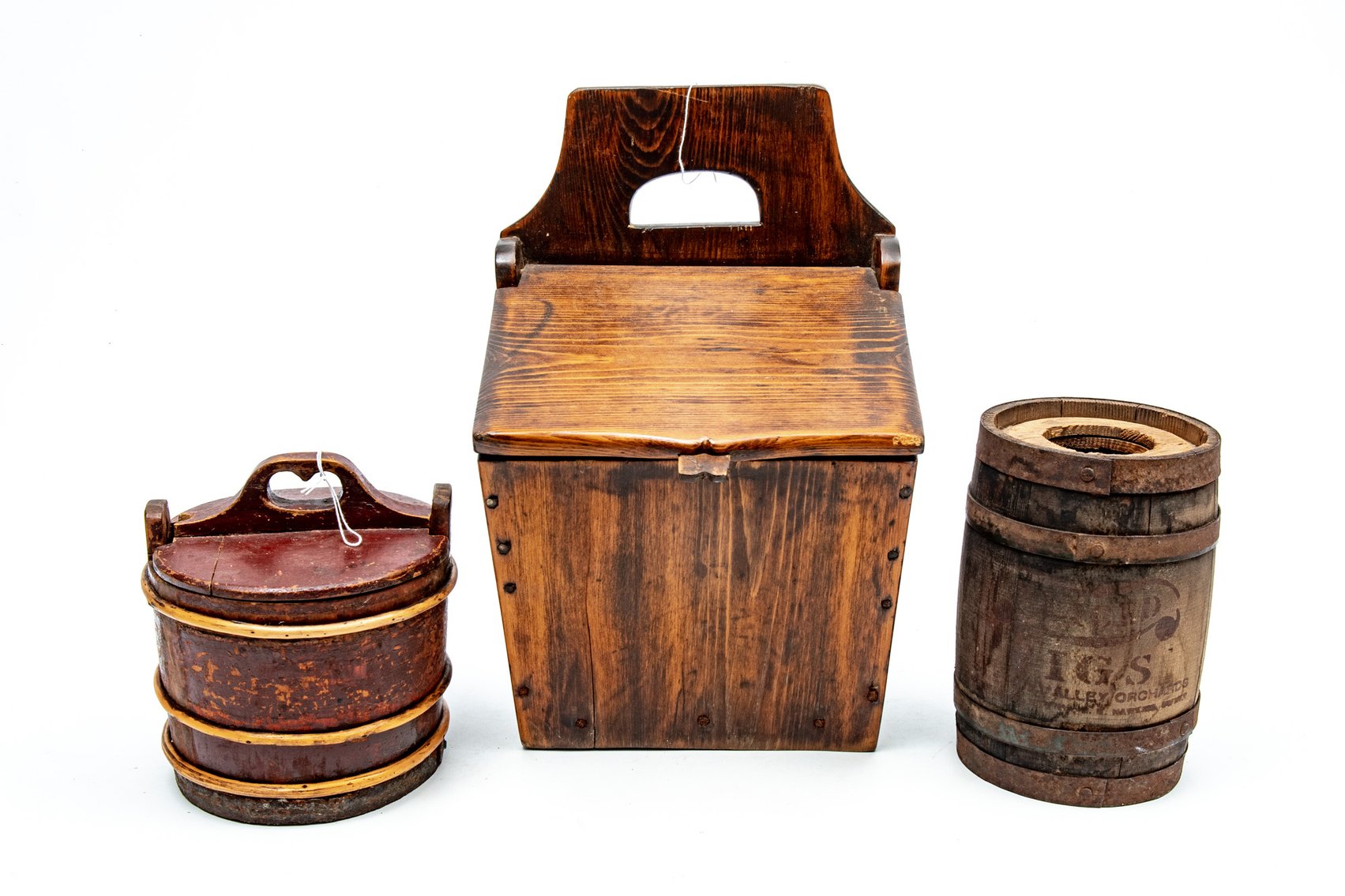 Early Sugar Bucket, Barrel, & Pine Box w/ Lid