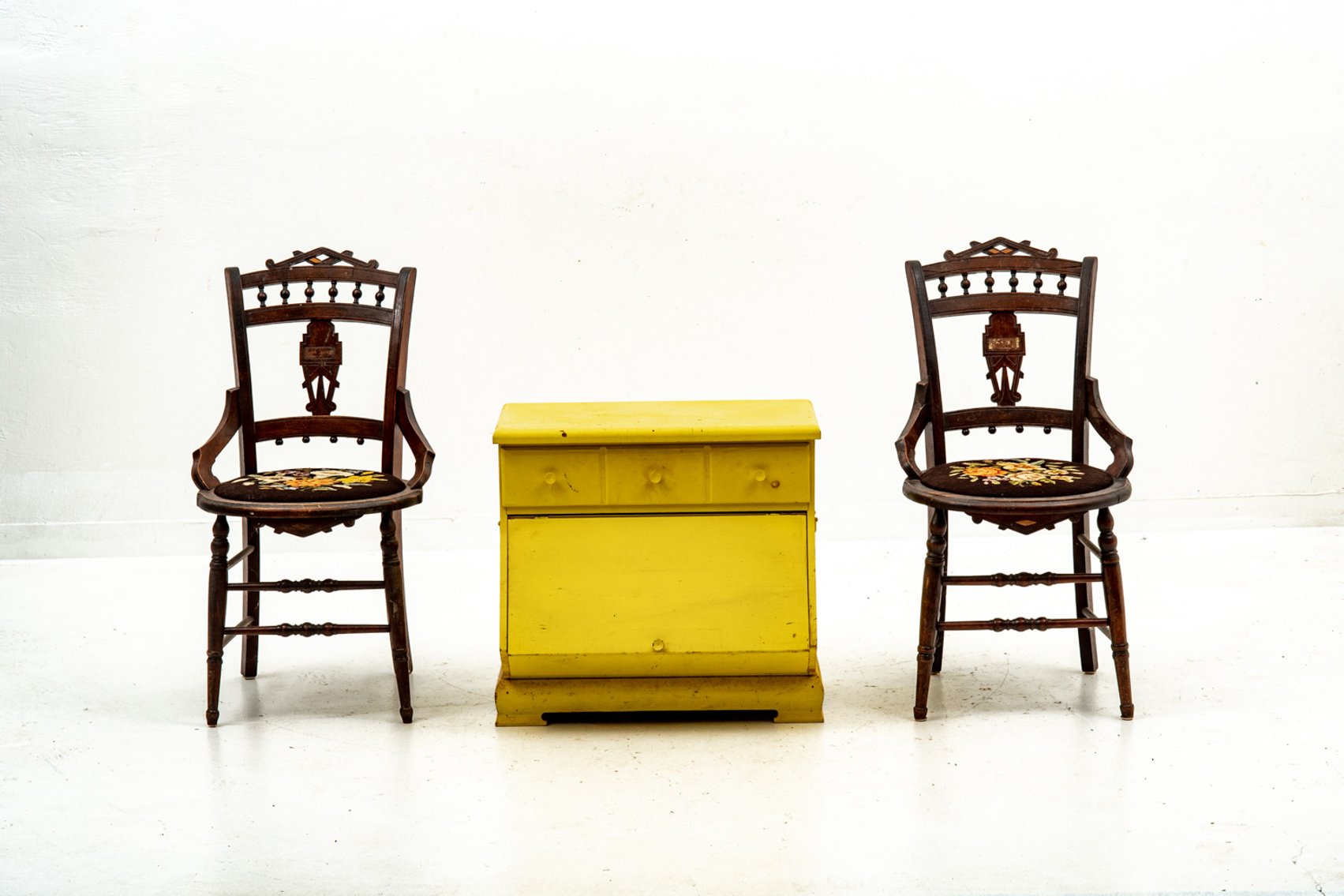 Eastlake Parlor Chairs & Yellow Storage Cabinet