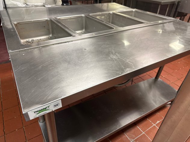 Image for Regency 4-Well Stainless Steel Steam Table with Dual Sided Stainless Work Tables with Lower Shelf