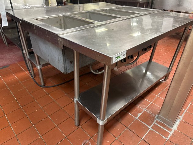 Image for Regency 4-Well Stainless Steel Steam Table with Dual Sided Stainless Work Tables with Lower Shelf